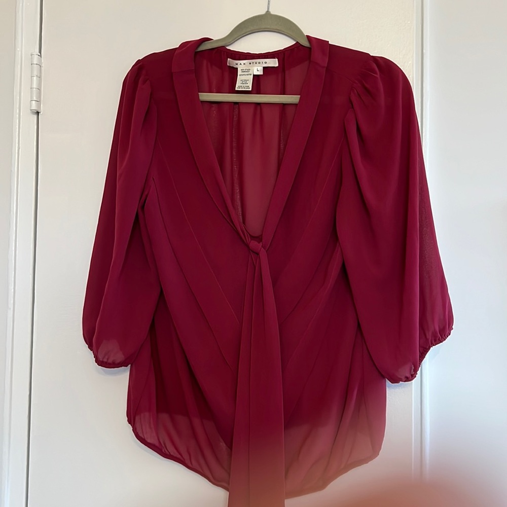 Cherry blouse pleated front with tie detail three quarter sleeves
